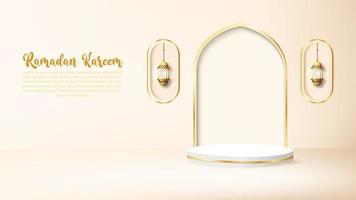 3d ramadan kareem background with golden lamp and podium. vector