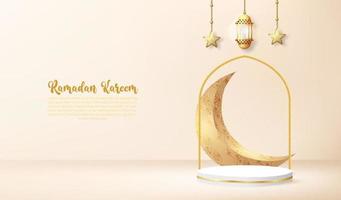 Fondo 3d de ramadan kareem con lámpara dorada y podio. vector