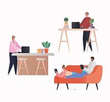 Set of women and men with laptop and tablet working at home vector