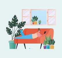 Woman with tablet working on a orange couch vector design