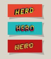 3d hero lettering set on red and blue backgrounds vector design