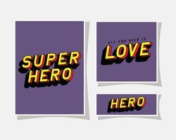 Superhéroe 3D y letras de amor sobre fondos púrpuras diseño vectorial vector