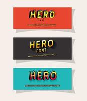 3d hero lettering set on red gray and blue backgrounds vector design