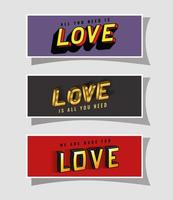 Letras de amor 3d en fondo gris púrpura y rojo diseño vectorial vector