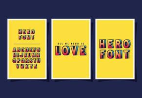 3d super hero love lettering and alphabet on yellow backgrounds vector design