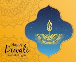 Happy Diwali candle card with arabesque mandala background vector