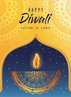 Happy Diwali candle card with arabesque mandala background vector