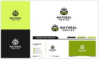 nature leaf with shield and crown icon logo concept and business card template vector
