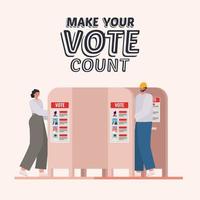 woman and man on the voting booth with make your vote count text vector design