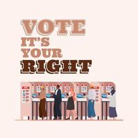 people on the voting booth with vote its your right text vector design