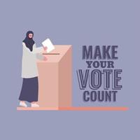 muslim woman at the voting box with make your vote count text vector design