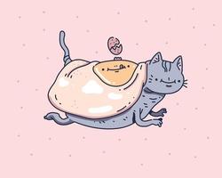 El lindo diseño de gato está cubierto de huevos. dibujo de gato estilo doodle vector