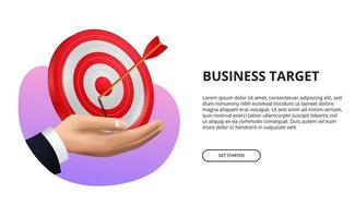 Hand holding 3D red target board with archery arrow illustration. Business success and targeting and achieving a goal vector