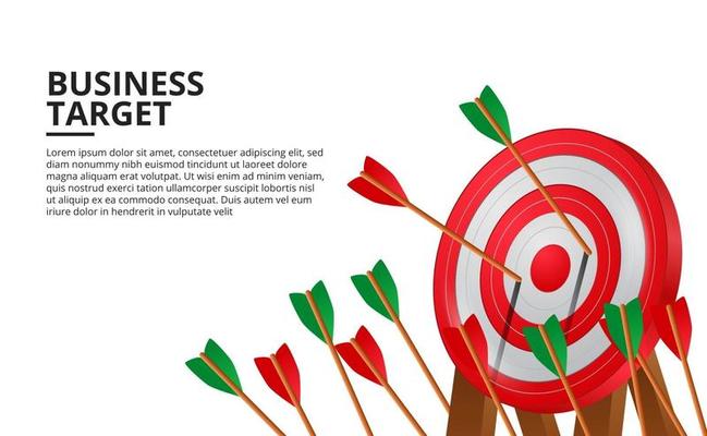 Archery arrow on 3D red target board. business goal achievement illustration concept