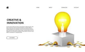 3D light bulb glow with white box and golden confetti illustration for business, and innovation concept vector