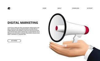 concepto de promoción con ilustración de megáfono 3d y mano para publicidad, marketing, información vector