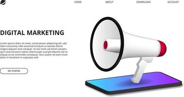 digital marketing concept with illustration of megaphone with perspective 3D smartphone for internet advertising promotion vector