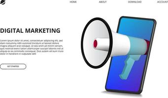 digital marketing concept with illustration of megaphone with perspective 3D smartphone for internet advertising promotion vector