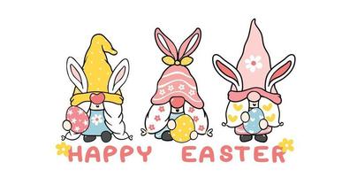 Three Cute sweet Easter Bunny gnome with rabbit ears, Happy Easter cartoon vector banner