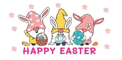 Three Cute sweet Easter Bunny gnome with rabbit ears, Happy Easter cartoon vector banner