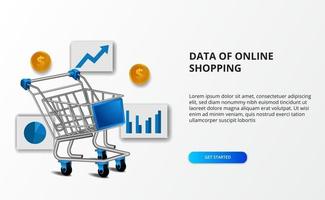 datos de comercio electrónico de compras en línea. Ilustración de carro de la compra con gráfico de datos y dinero dorado. vector