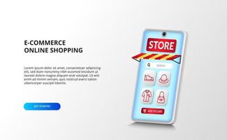 e-commerce and online shopping app on the 3D perspective smartphone with red outline fashion icons vector