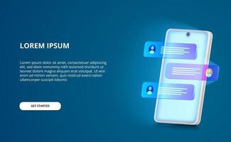 Comunicación de chat en pantalla luminosa concepto de aplicación de teléfono inteligente 3d con fondo azul vector