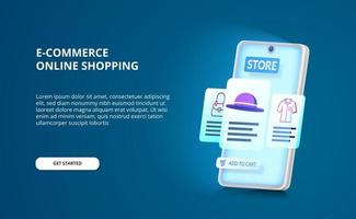 3d smartphone perspective with ui design of e-commerce or online shopping app with blue glow screen vector