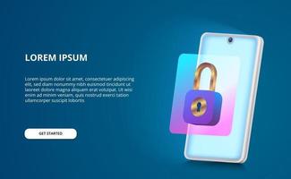 security for 3D handphone concept with padlock gradient modern illustration and glow screen with blue background vector