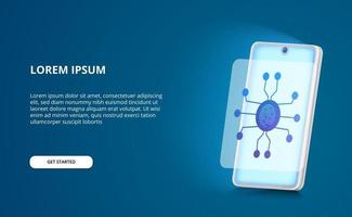 teléfono seguro moderno con huella digital para desbloquear el concepto de teléfono inteligente con teléfono en perspectiva 3D y pantalla luminosa moderna vector