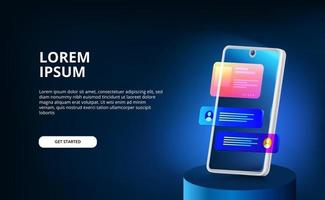 3D modern neon color gradient display screen smartphone ui design template for bubble chat with dark background. vector