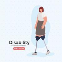 Cartel de concientización sobre discapacidad con mujer con diseño vectorial de prótesis de pierna vector
