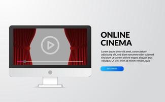 Transmisión de cine, video y películas en línea con concepto de dispositivo en casa. Pantalla de escritorio de computadora con escenario de cortina roja y botón de icono de reproducción vector