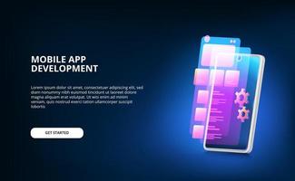 modern mobile app development with screen ui design and gear machine with neon gradient color and 3D smartphone with glow screen vector