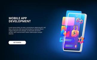 modern mobile app development with screen ui design, padlock, and gear system with neon gradient color and 3D smartphone with glow screen. vector