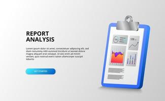 Report and data stats graph analysis with clipboard 3D for finance, business, accounting, office. vector