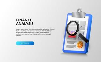 report data chart analysis with clipboard and magnifying glass for audit, accounting and check for finance, banking, business, and office. vector