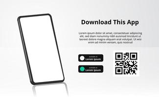 landing page banner advertising for downloading app for mobile phone, 3D smartphone with reflection. Download buttons with scan qr code template. vector