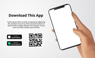 landing page banner advertising for downloading app for mobile phone, hand holding smartphone. Download buttons with scan qr code template