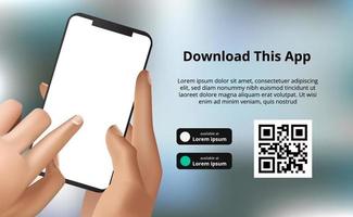 landing page banner advertising for downloading app for mobile phone, hand holding smartphone with bokeh background. Download buttons with scan qr code template vector