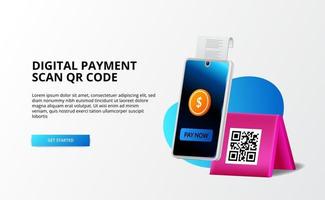 Digital payment, Cashless concept. pay with phone and scan qr code, digital banking and money 3d illustration concept for landing page vector
