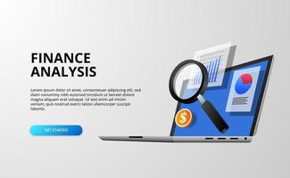 3d finance analysis concept with 3d laptop computer with magnifying glass vector