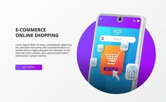 Online shopping click buy on mobile e commerce landing page concept digital marketing promotion 3d phone illustration vector