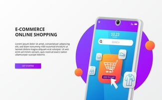 compras en línea haga clic en comprar en el concepto de página de destino de comercio electrónico móvil ilustración de teléfono 3d vector