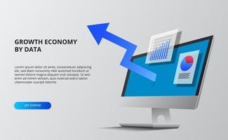 crecimiento de la economía de la flecha azul. datos financieros e infográficos. Pantalla de computadora 3d vector