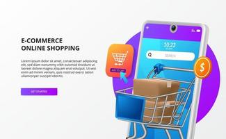 compras en línea comprar en el concepto de página de destino de comercio electrónico móvil ilustración de teléfono 3d con carro de paquete vector