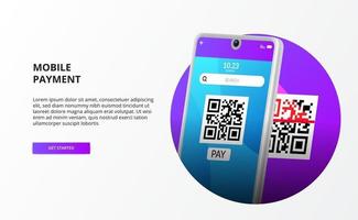 pago móvil con escaneo de código qr para sociedad sin efectivo para banca moderna con teléfono 3d vector