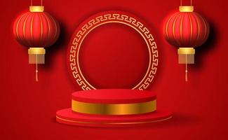 podio y linternas del año nuevo chino vector