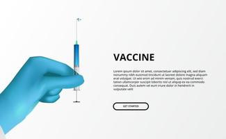 Vaccine illustration concept. Hand sterile glove holding syringe with blue liquid drug cure vector