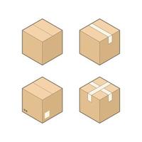 Set of four isometric cardboard boxes isolated on white background.